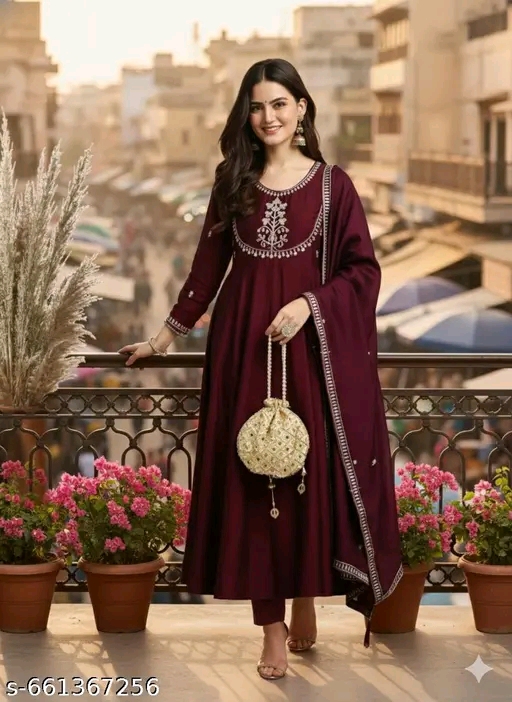 Women's Silk Anarkali & Pant with Dupatta Set