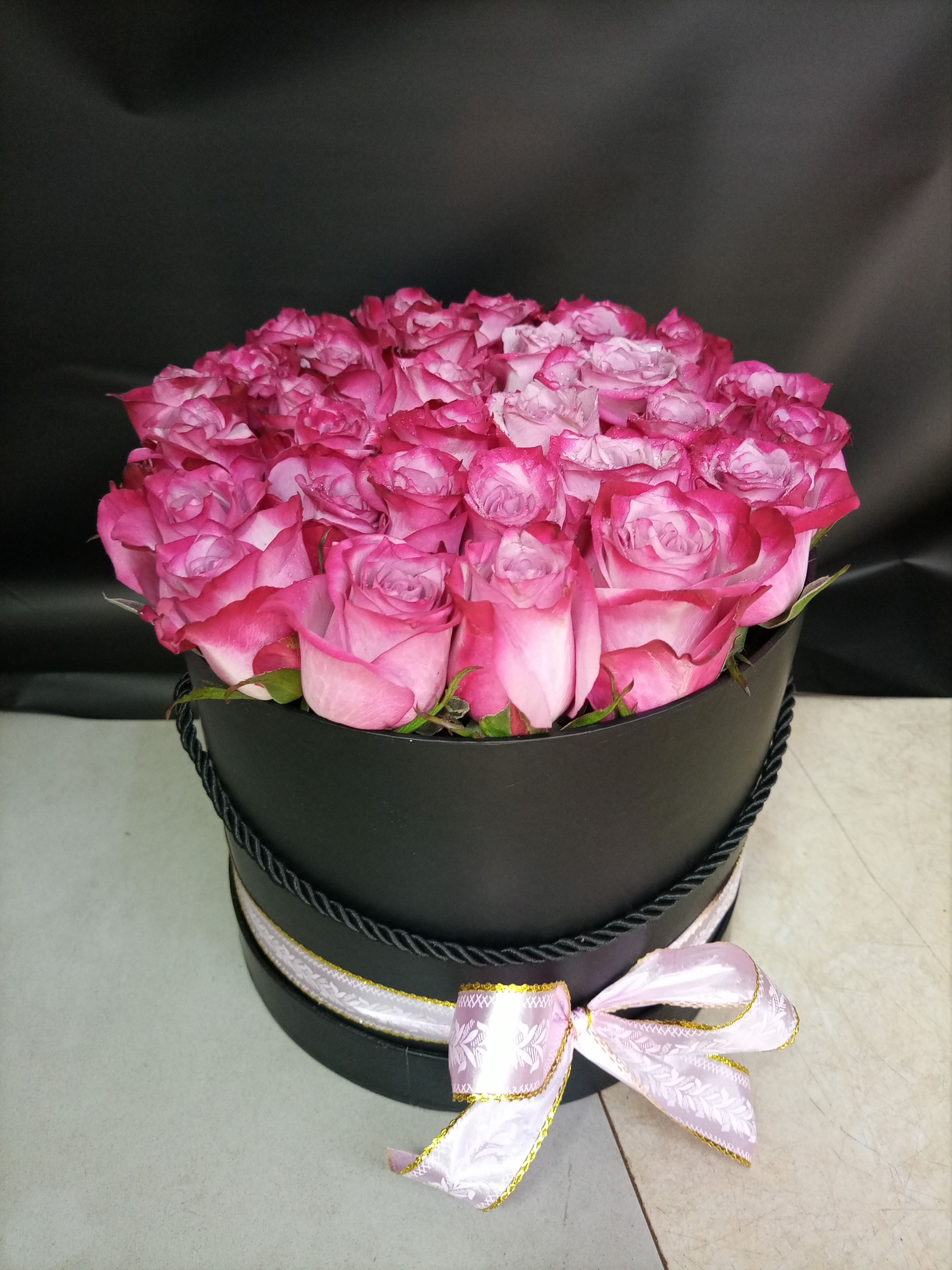 Pink Roses in a Black Gift Box