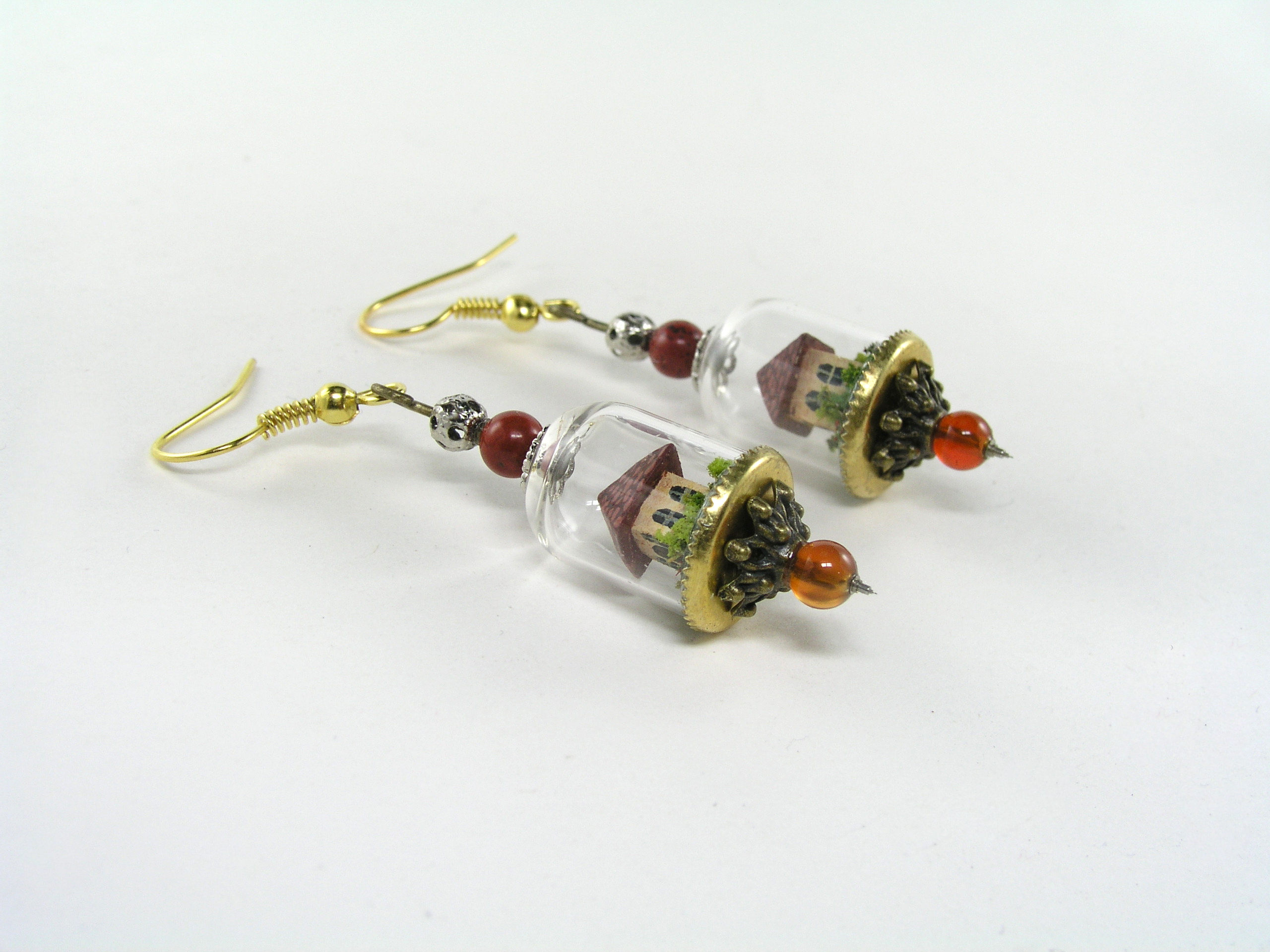 Miniature World earrings. Tiny houses surrounded by a garden.