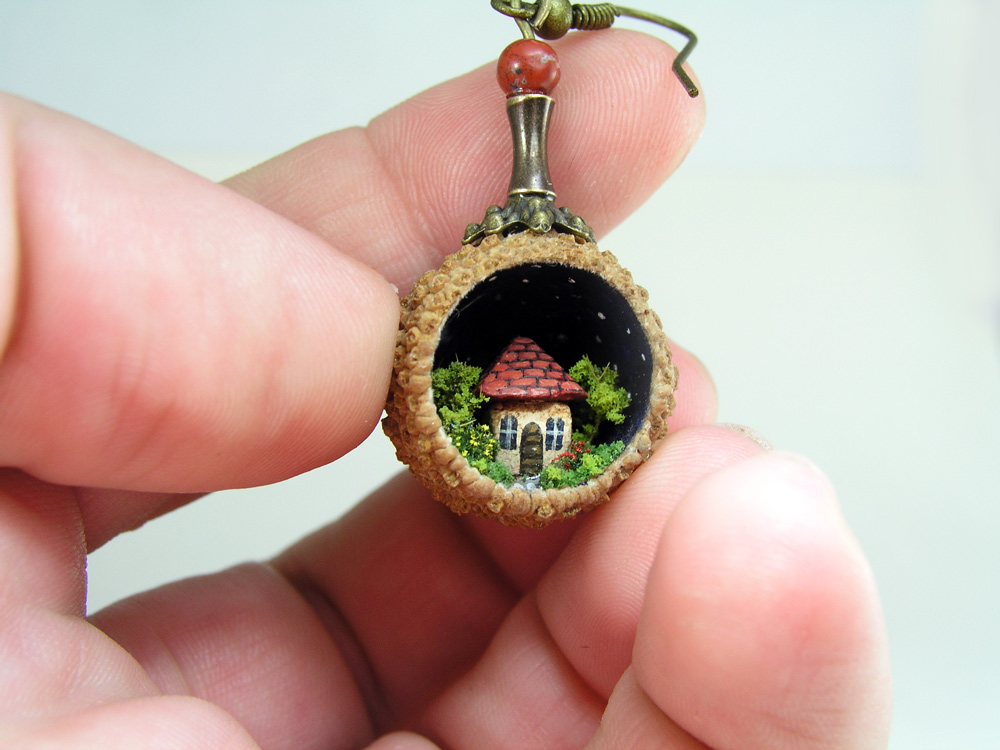 Miniature World Earrings, Tiny houses inside real acorn caps.