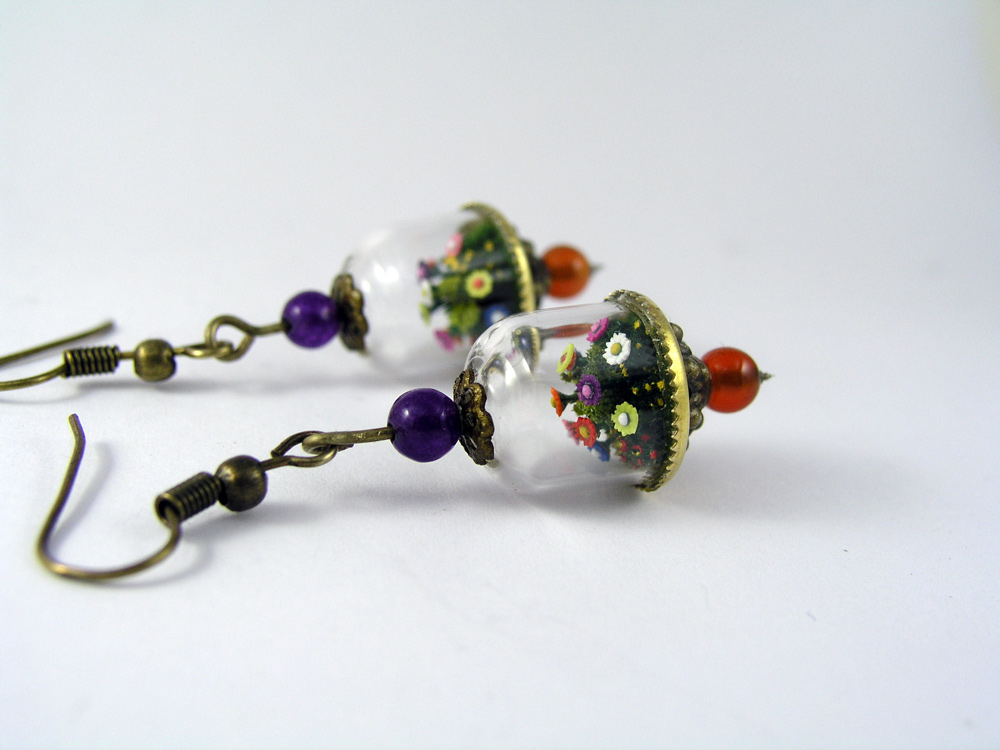 Miniature World Earrings. A miniature garden with tiny flowers.