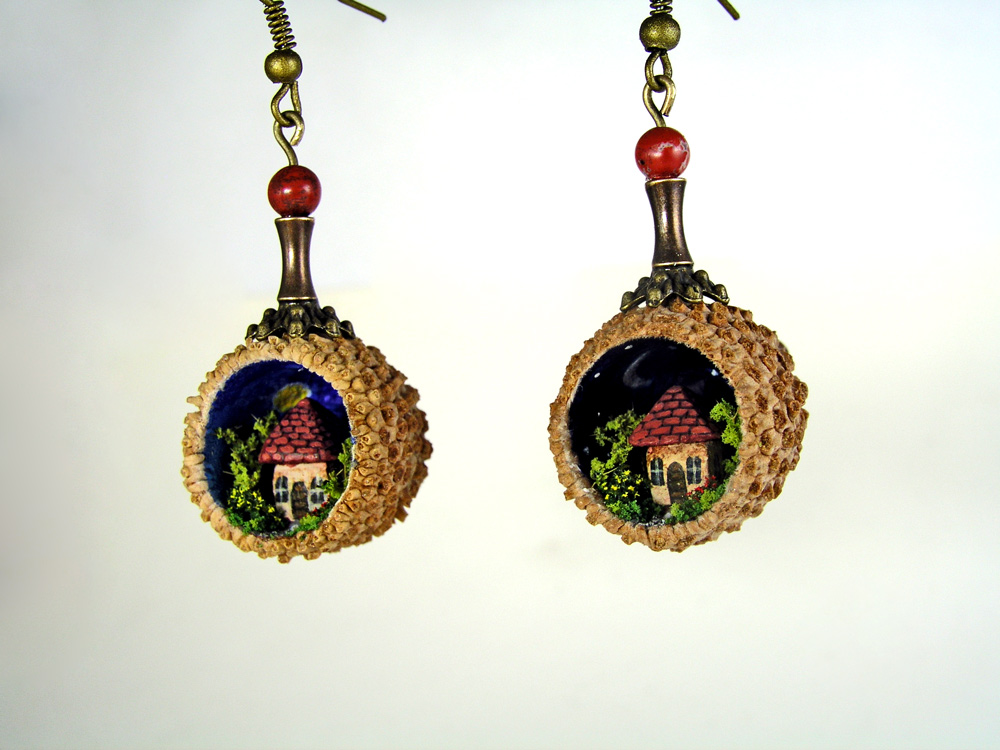 Miniature World Earrings, Tiny houses inside real acorn caps.