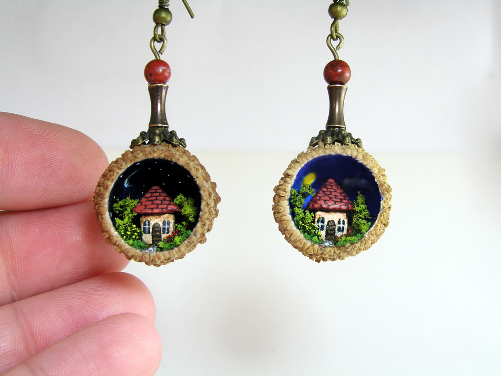 Miniature World Earrings, Tiny houses inside real acorn caps.