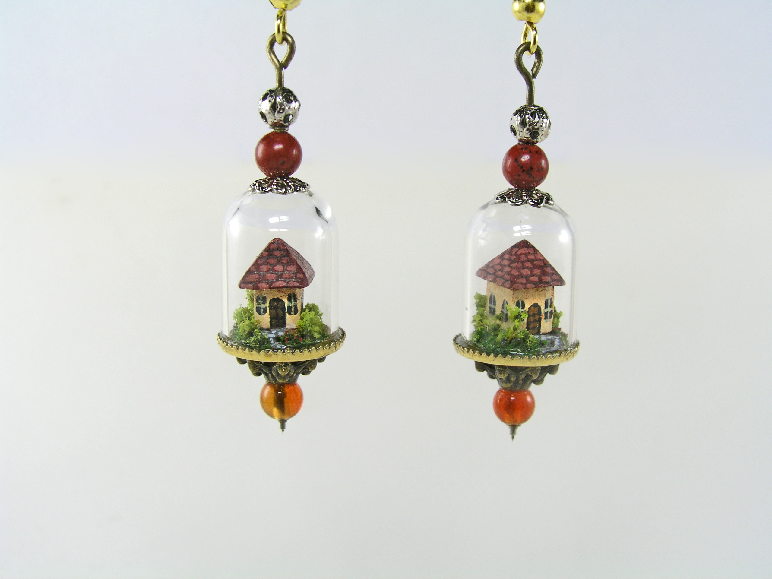 Miniature World earrings. Tiny houses surrounded by a garden.