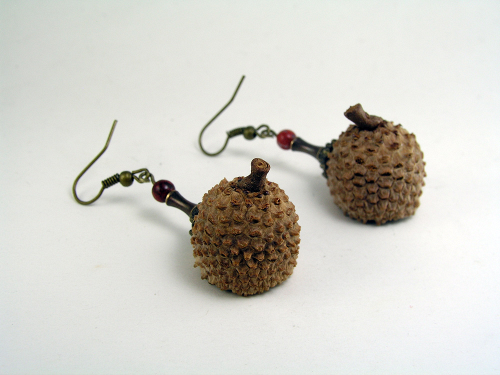 Miniature World Earrings, Tiny houses inside real acorn caps.