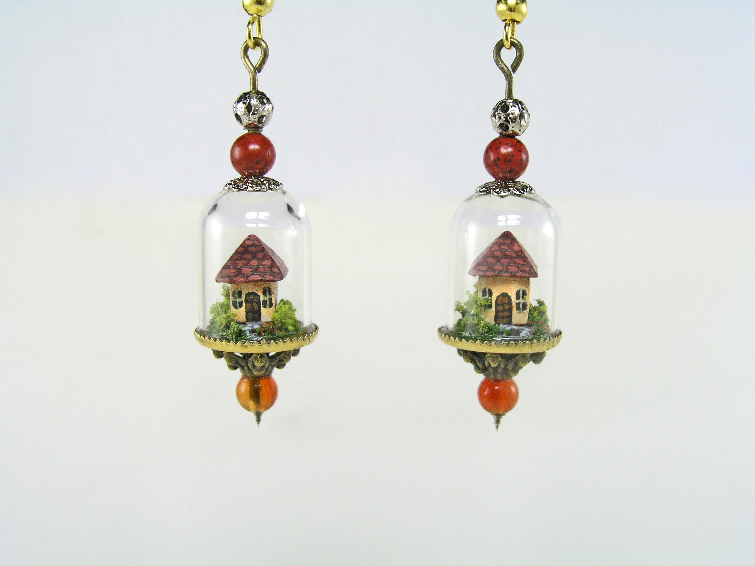 Miniature World earrings. Tiny houses surrounded by a garden.