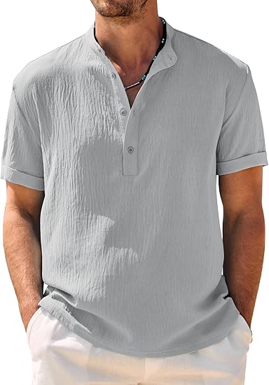 COOFANDY Men's Casual Henley Shirt Band Collar Short Sleeve Shirt Summer Beach Hippie T-Shirt