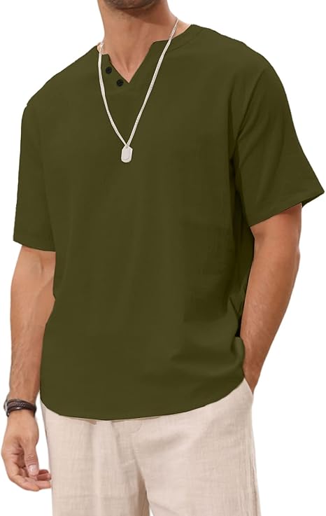 Angbater Men's Linen Shirt Short Beach Hippie T Shirts Casual Summer Lightweight Tropical Henley Shirts