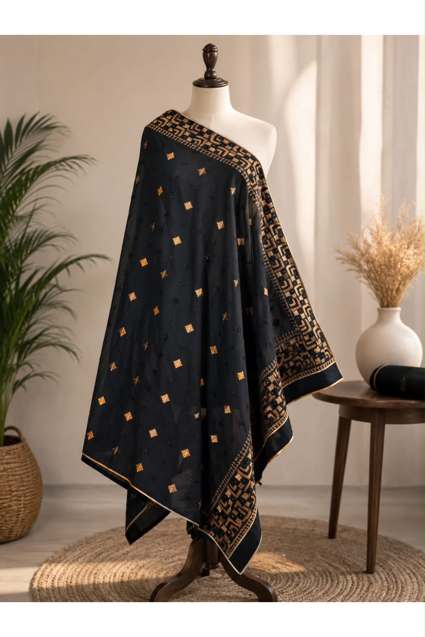 Elegant Black Printed Dupatta With Golden Motifs