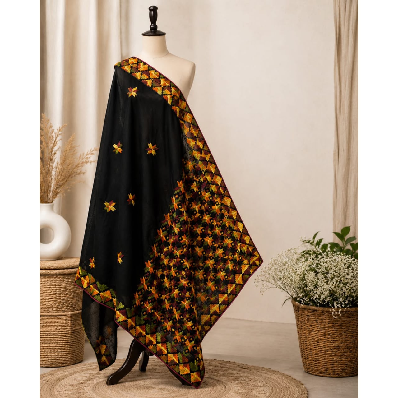 Black Embroidered Colorful Dupatta