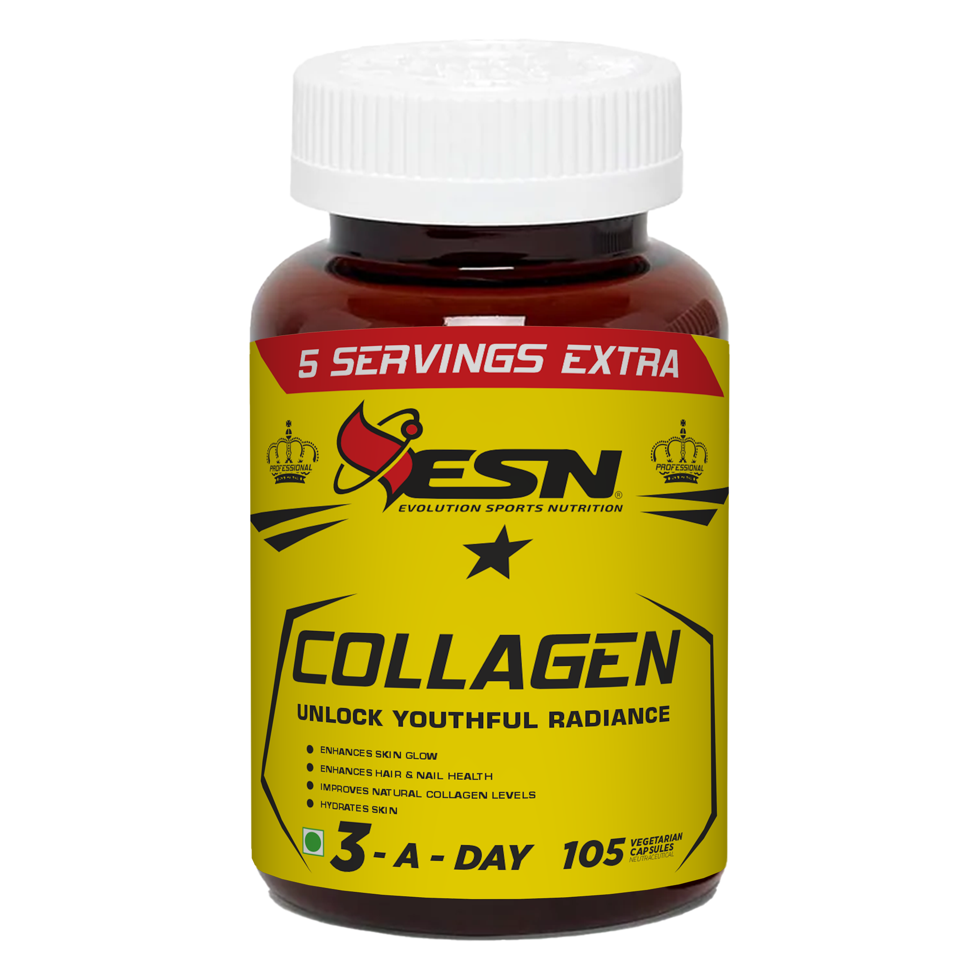 ESN Professional Series Collagen — 105 Vegetarian Capsules Unlock Youthful Radiance | 35 Servings | 3-A-Day