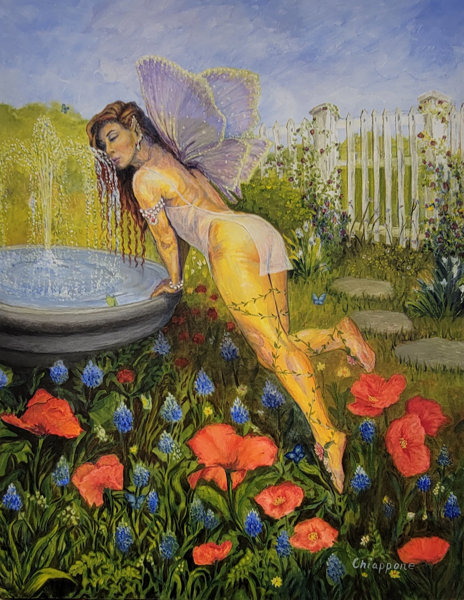 Fairy Drinking from Garden Fountain