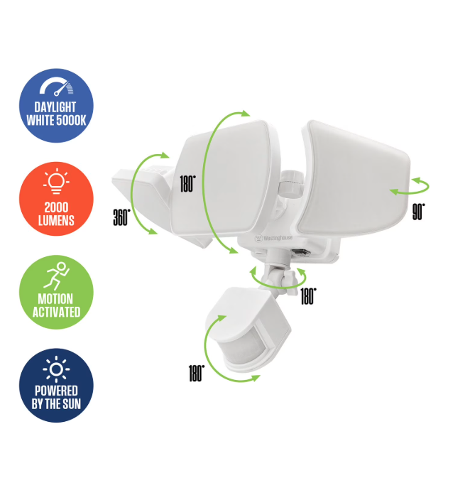 Westinghouse 2000 Lumen Solar Triple Head LED Security Lightlar-Powered Outdoor Wall Lights