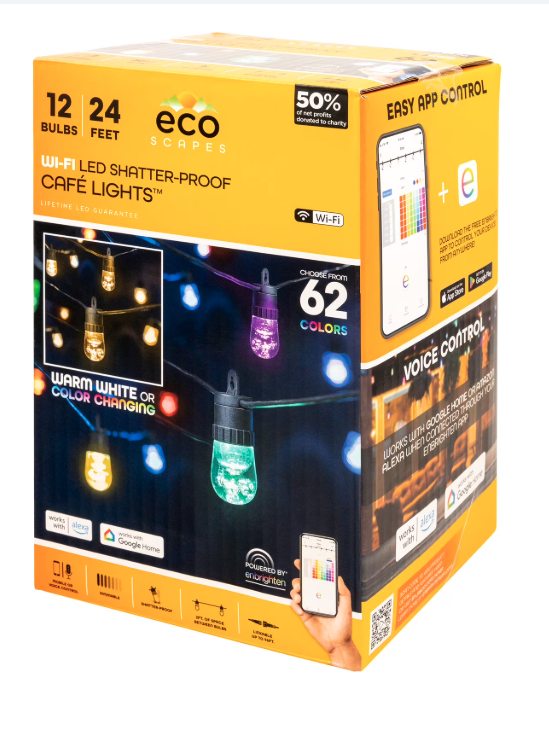 Outdoor EcoScapes by Enbrighten 24' Outdoor Wi-Fi Color-Changing LED Café String Lights, 12 BulbsColorful String Lights