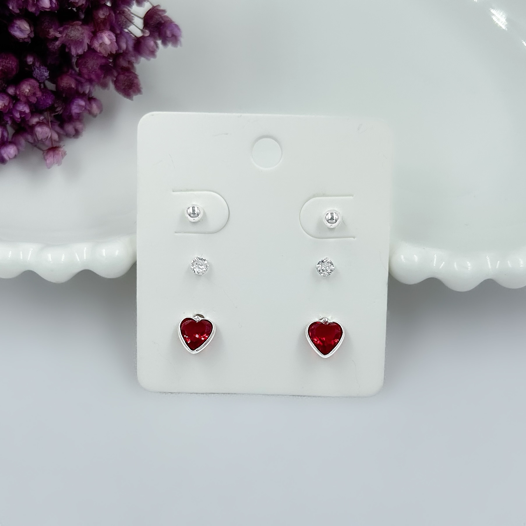 Kit Trio de Brincos Prata 925 – Bola 3mm, Cristal 3mm e Coração Rubi 6mm