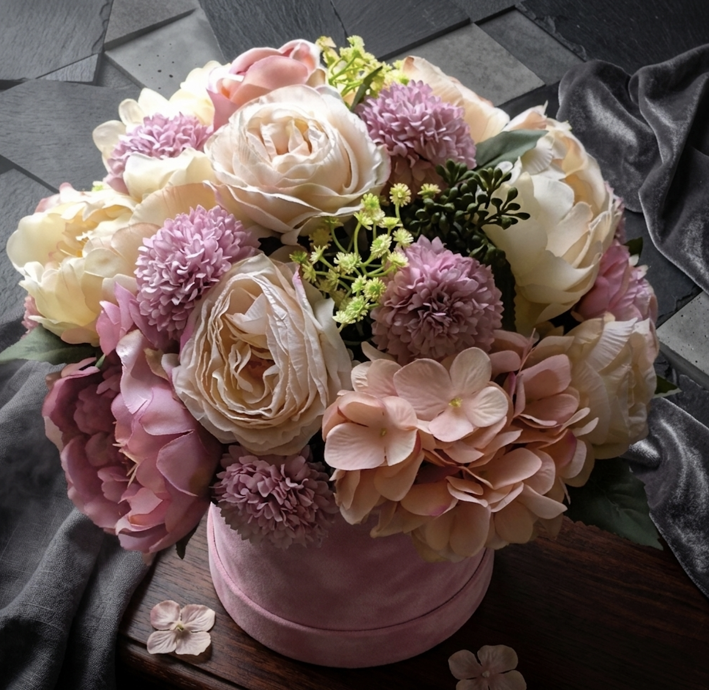 Box de Luxo Garden Mix: Peônias e Rosas em Veludo