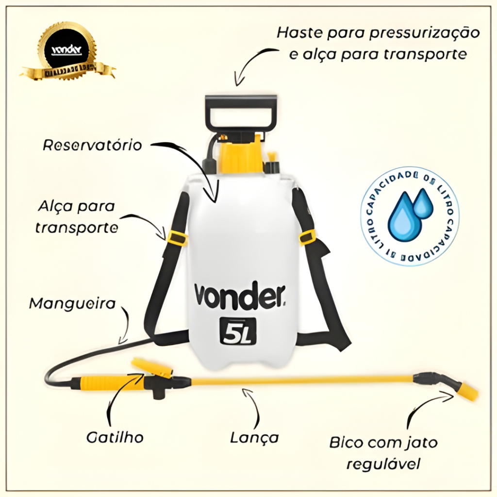 Pulverizador Manual Costal 5L Vonder PL005 Profissional + Luvas