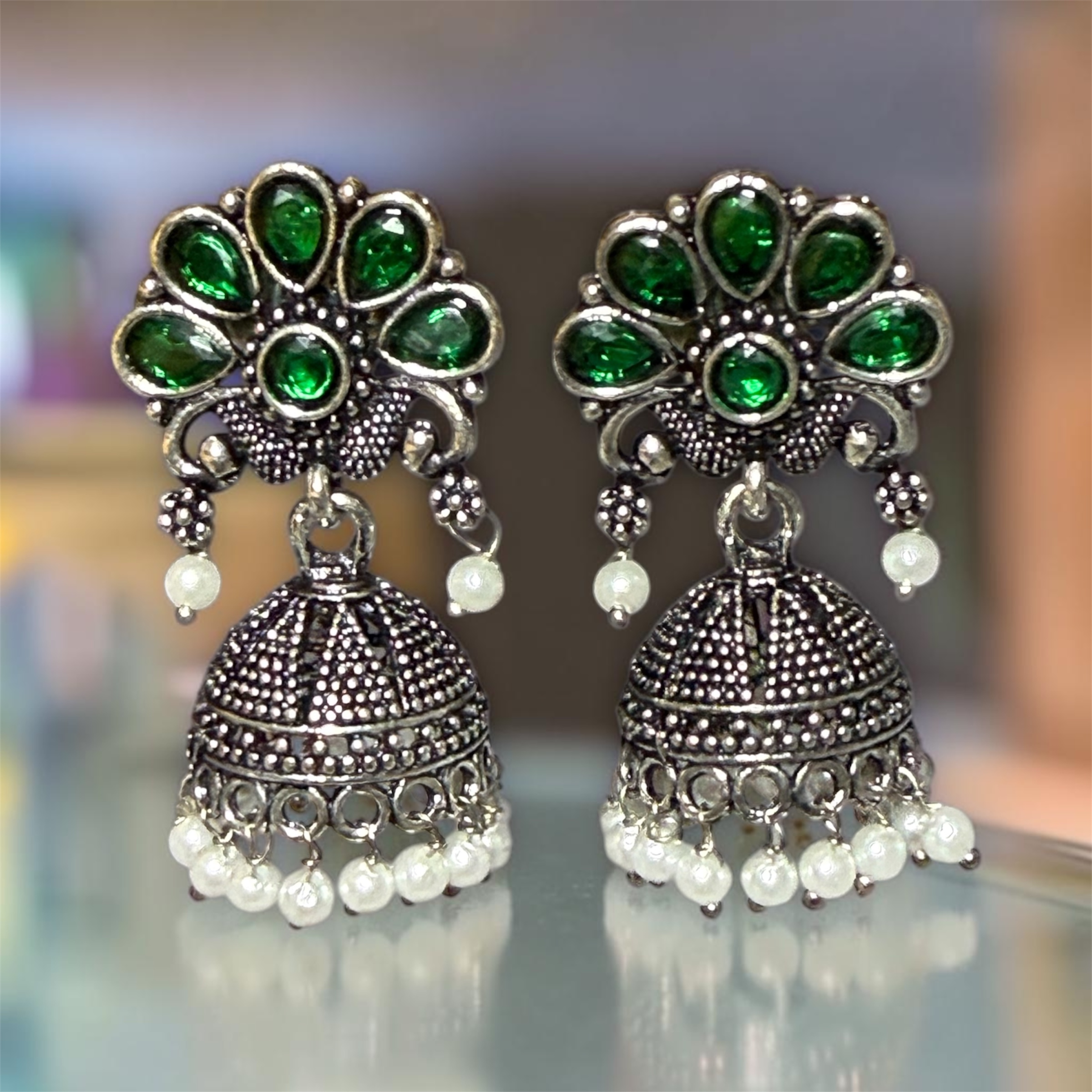 Syenora Green Gemstone Jhumka Earrings