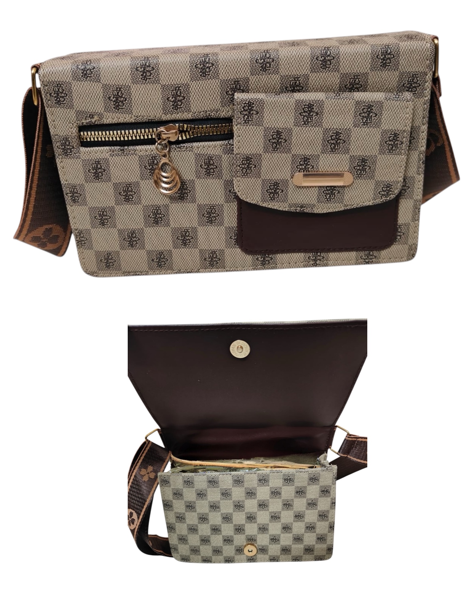 Syenora Checkered Crossbody  Beige and Brown Bag