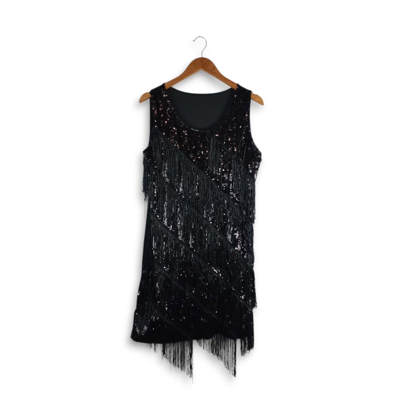 Dress Women Medium UK12 Vintage Black Sequin Fringe