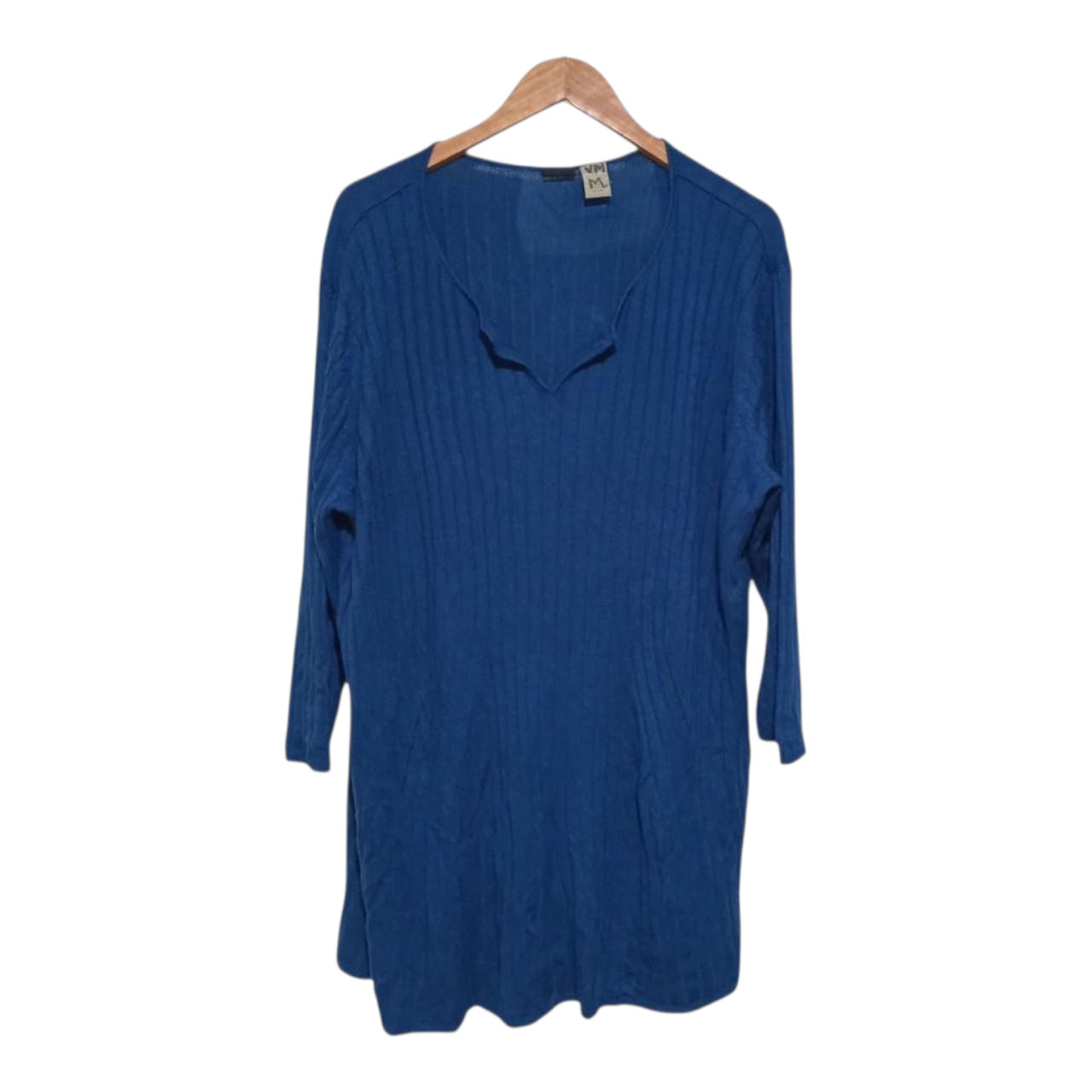 Shirt Women Plus Size Navy Ribbed V-Slit Top