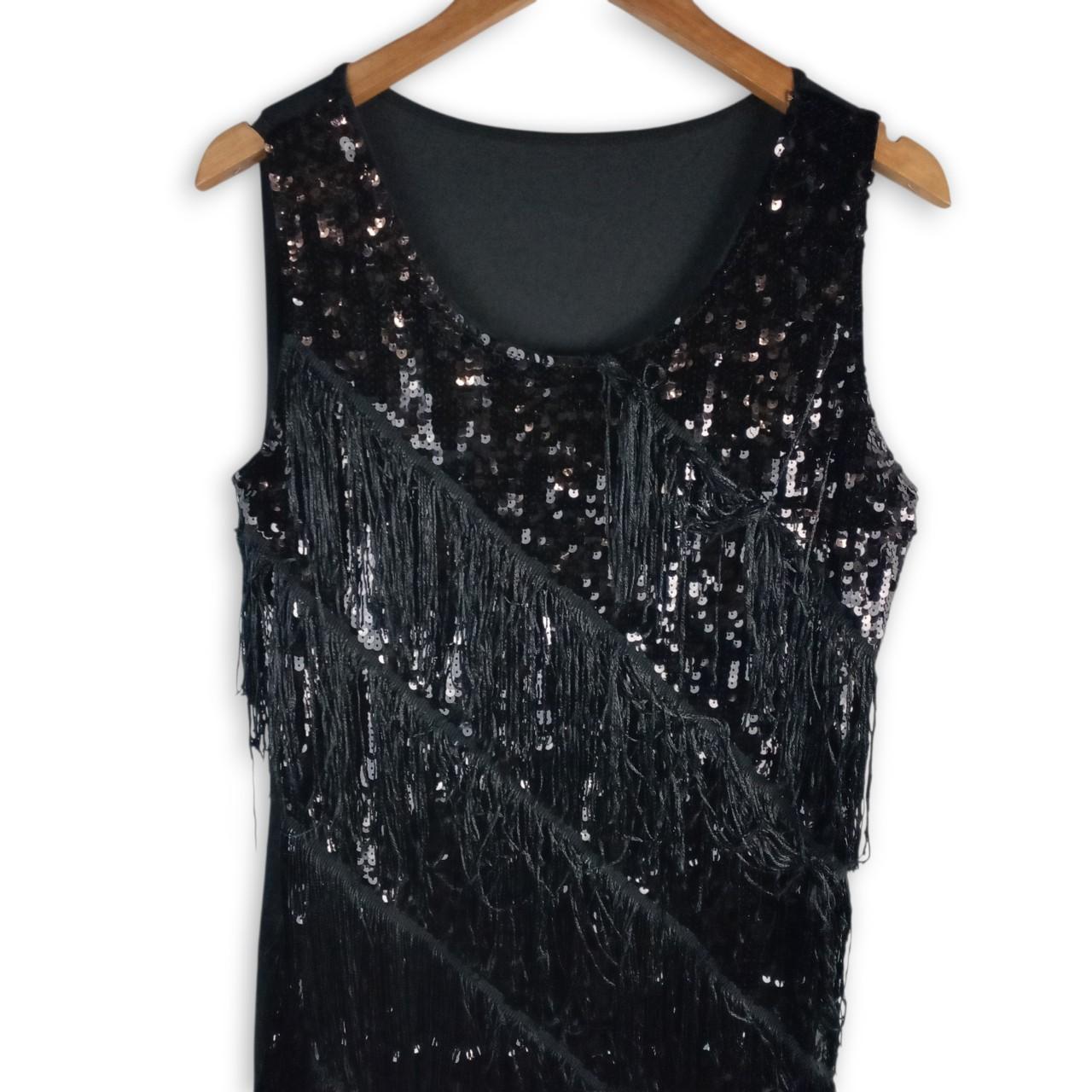 Dress Women Medium UK12 Vintage Black Sequin Fringe