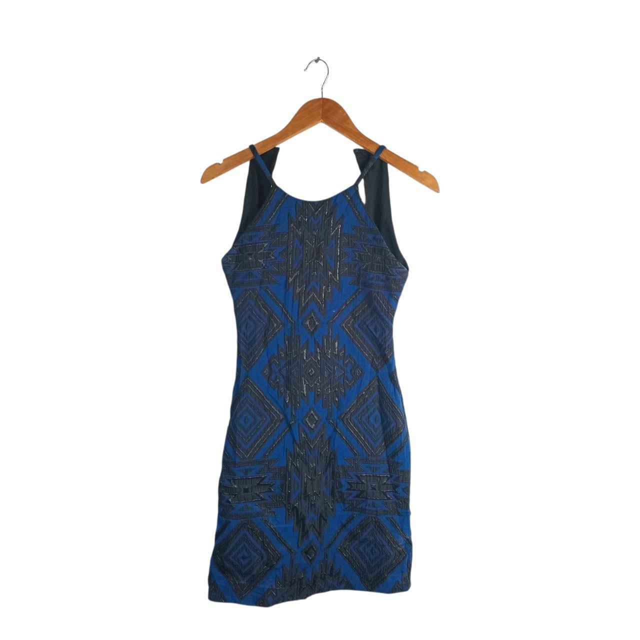 Dress Women UK4-6 Blue Black Geo Print Halter Mini