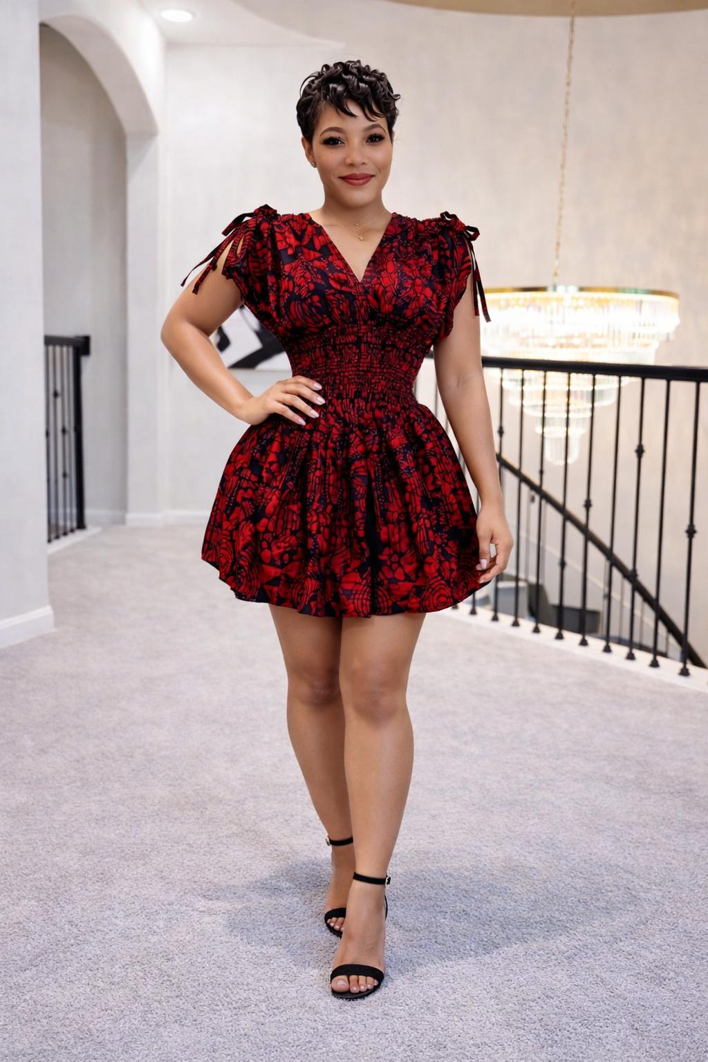 Luxe Red Ankara Flared Mini Dress
