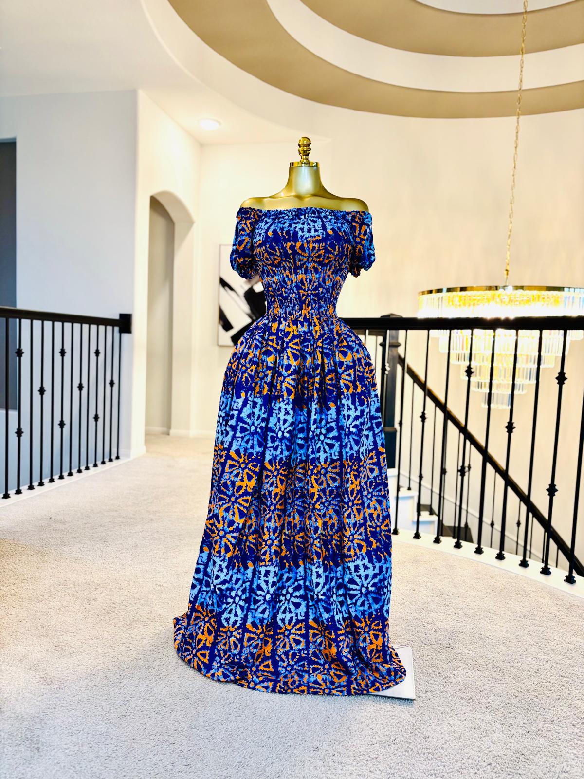 Royal Blue and Orange Ankara Off-Shoulder Maxi Dress