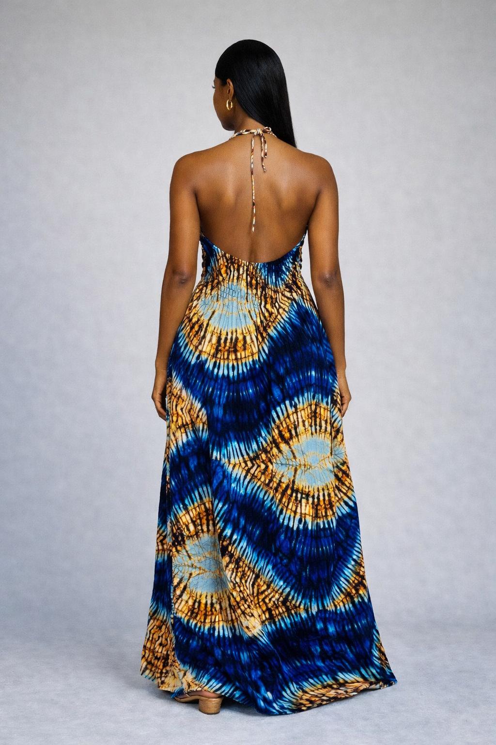 Luxe Ankara Open-Back Halter Maxi Dress