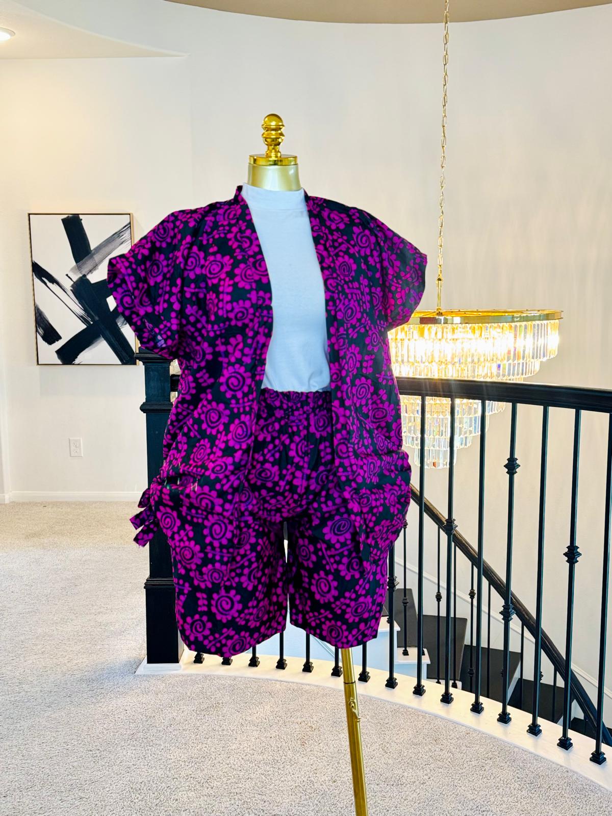 Luxe Vibrant Pink Flower Ankara Kimono & Shorts Set