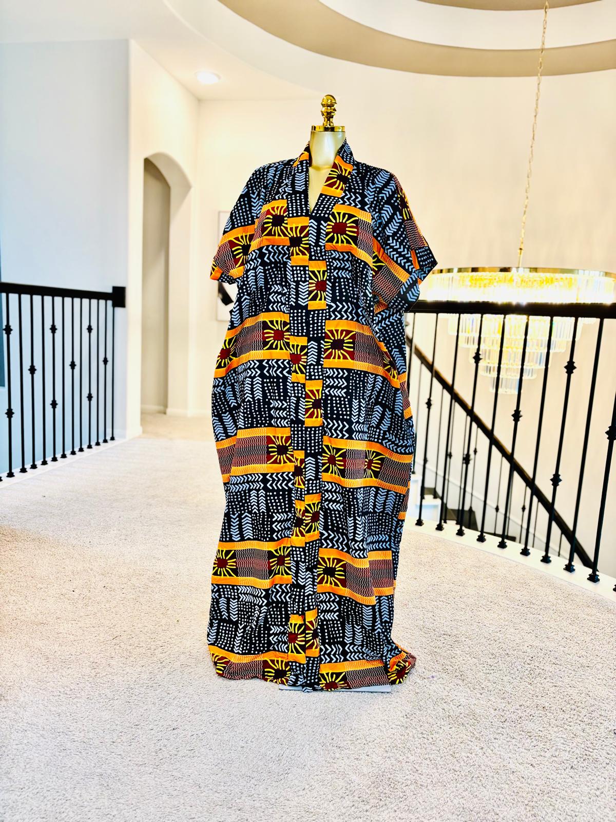 Luxe Vibrant Ankara Bubu Maxi Dress with Inner Waist Tie