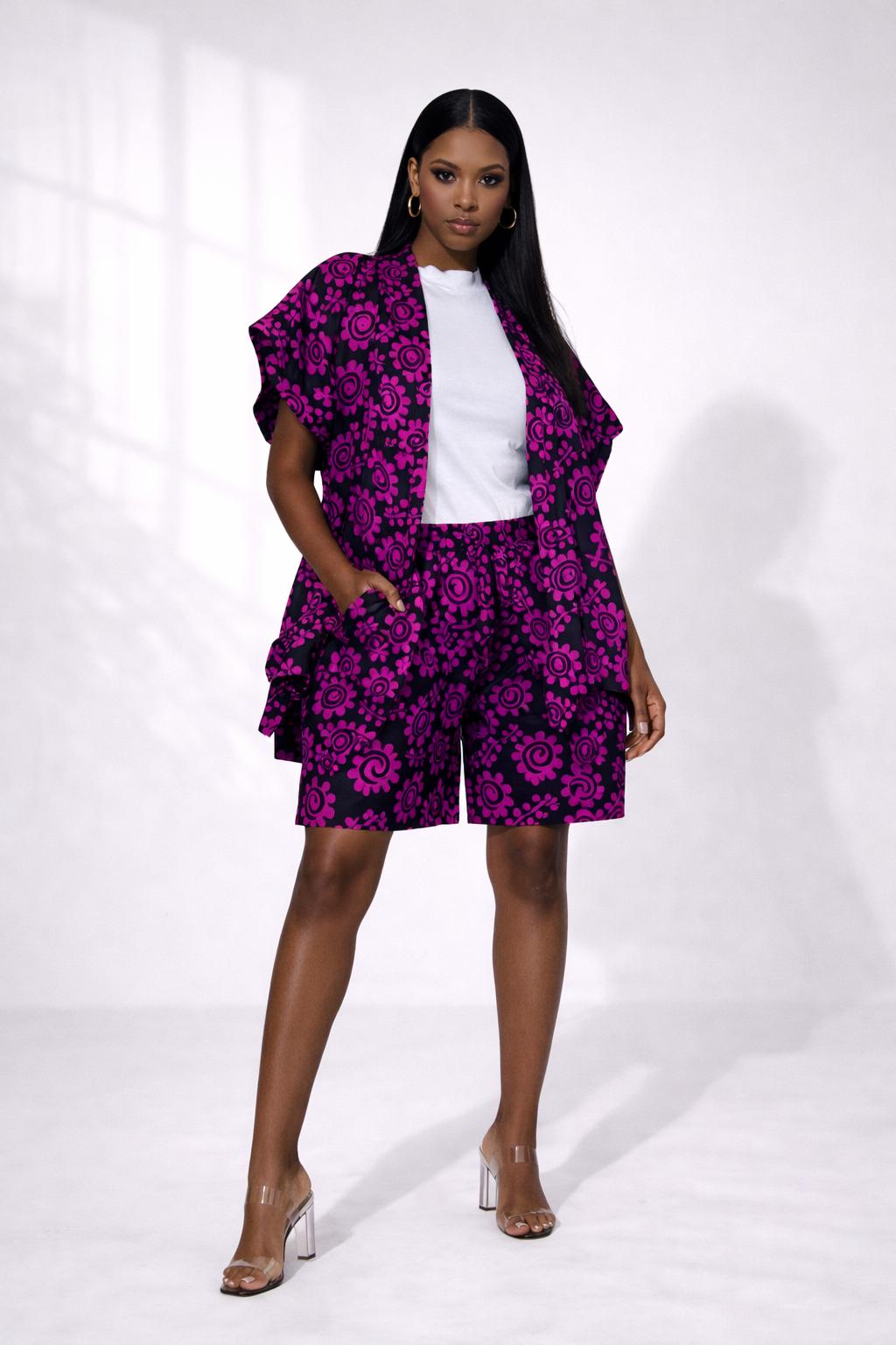 Luxe Vibrant Pink Flower Ankara Kimono & Shorts Set