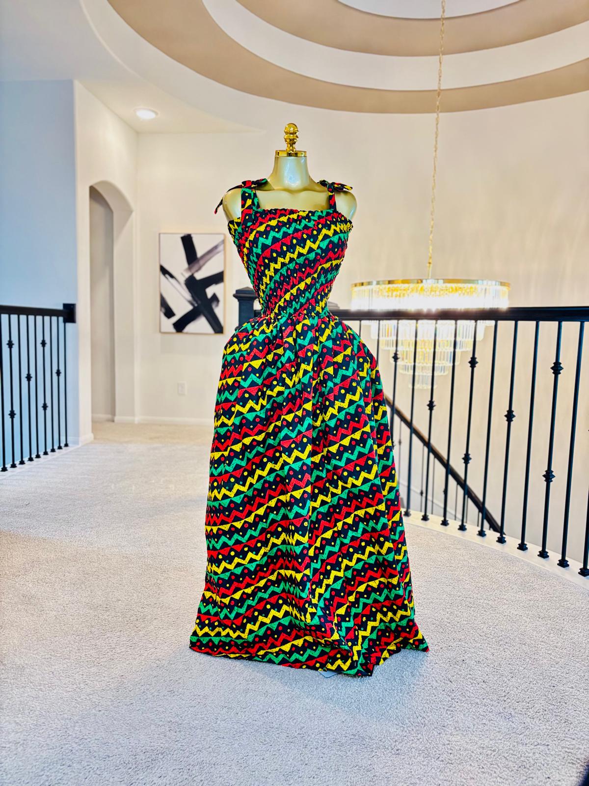 Luxe Ankara Tie Shoulder Rainbow Maxi Dress