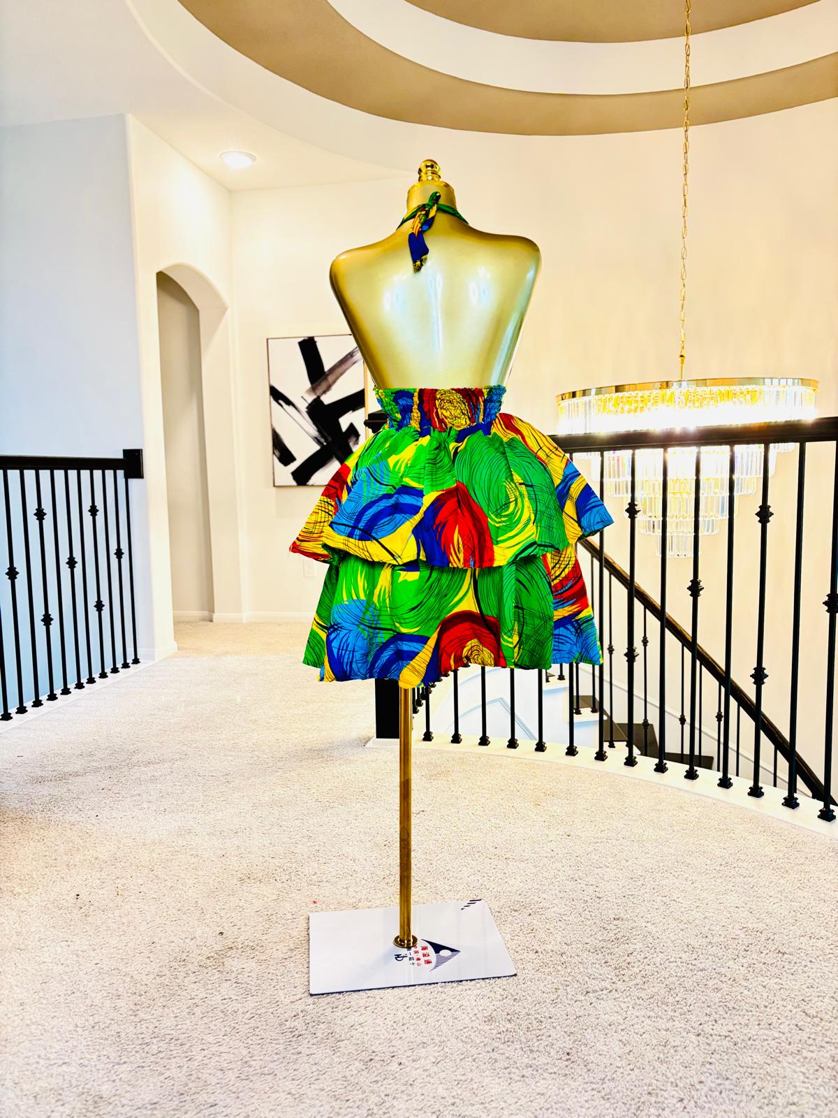 Luxe Ankara Halter Open-Back Peplum Mini Dress