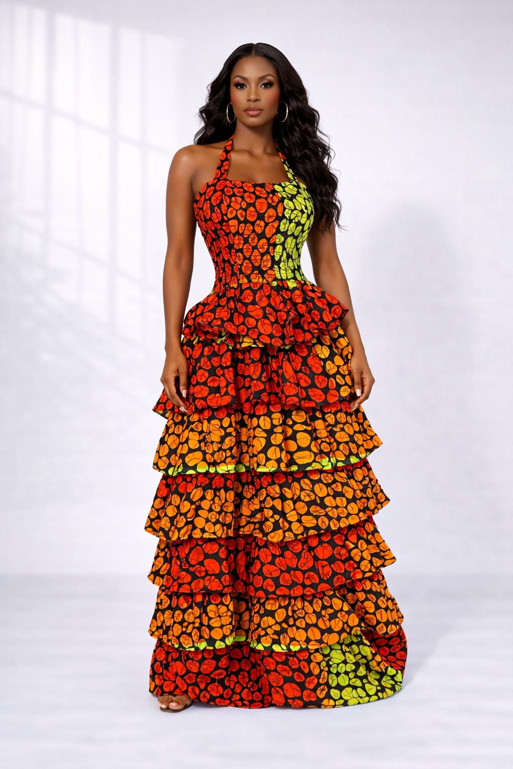 Luxe Ankara Sunset Layered Maxi Dress