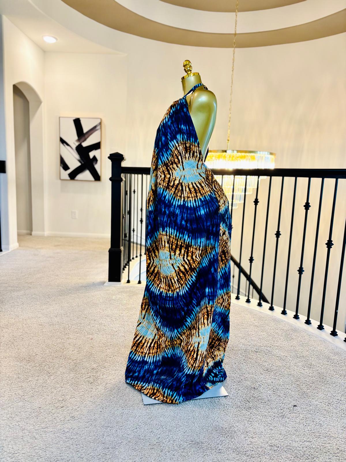 Luxe Ankara Open-Back Halter Maxi Dress