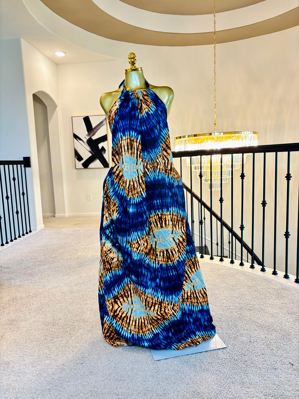 Luxe Ankara Open-Back Halter Maxi Dress