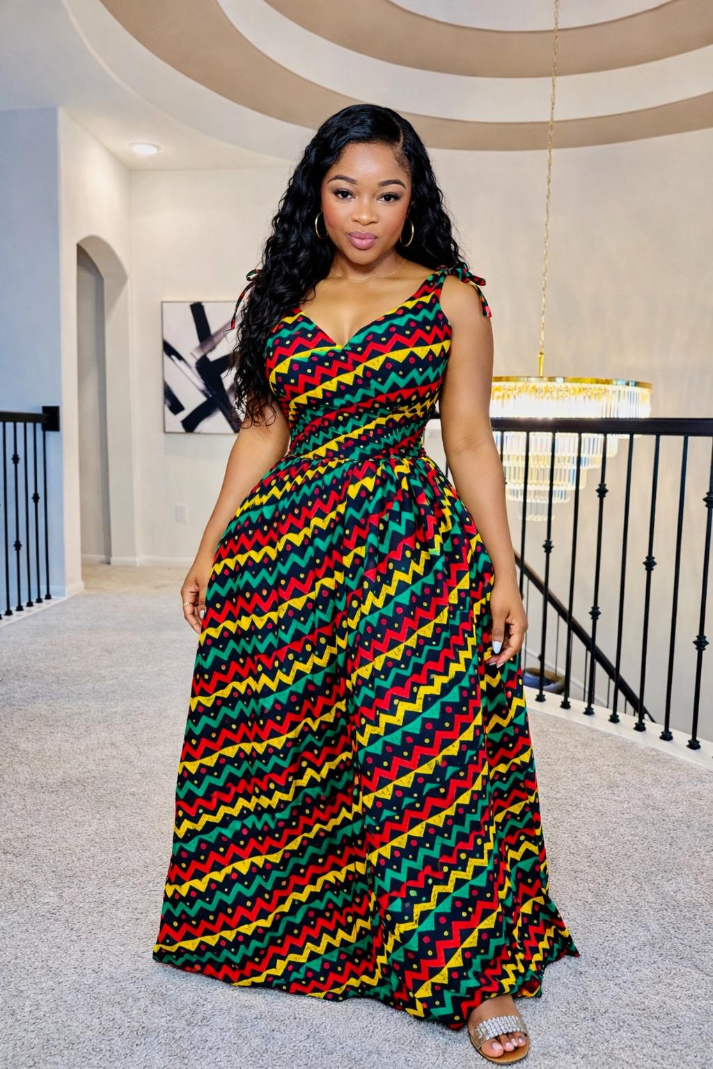 Luxe Ankara Tie Shoulder Rainbow Maxi Dress