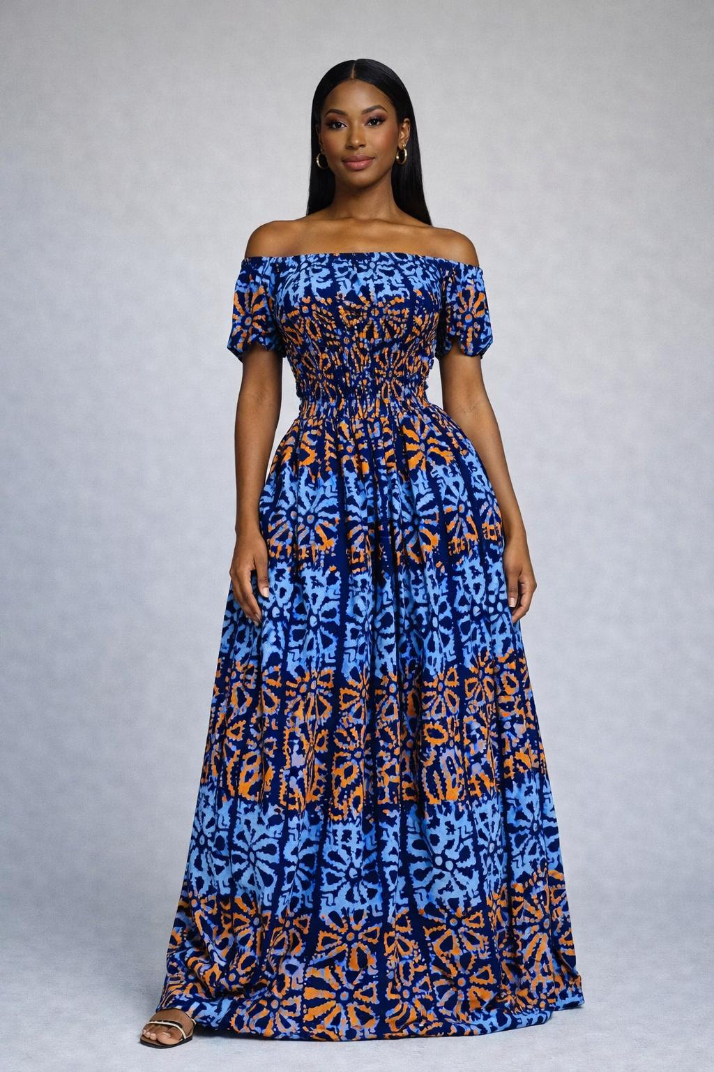 Royal Blue and Orange Ankara Off-Shoulder Maxi Dress