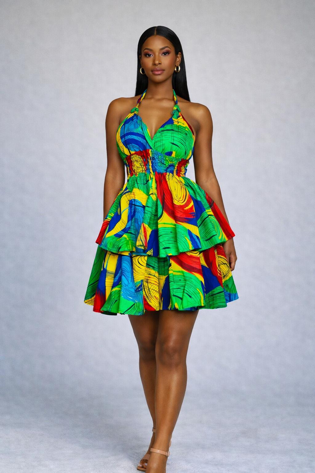 Luxe Ankara Halter Open-Back Peplum Mini Dress