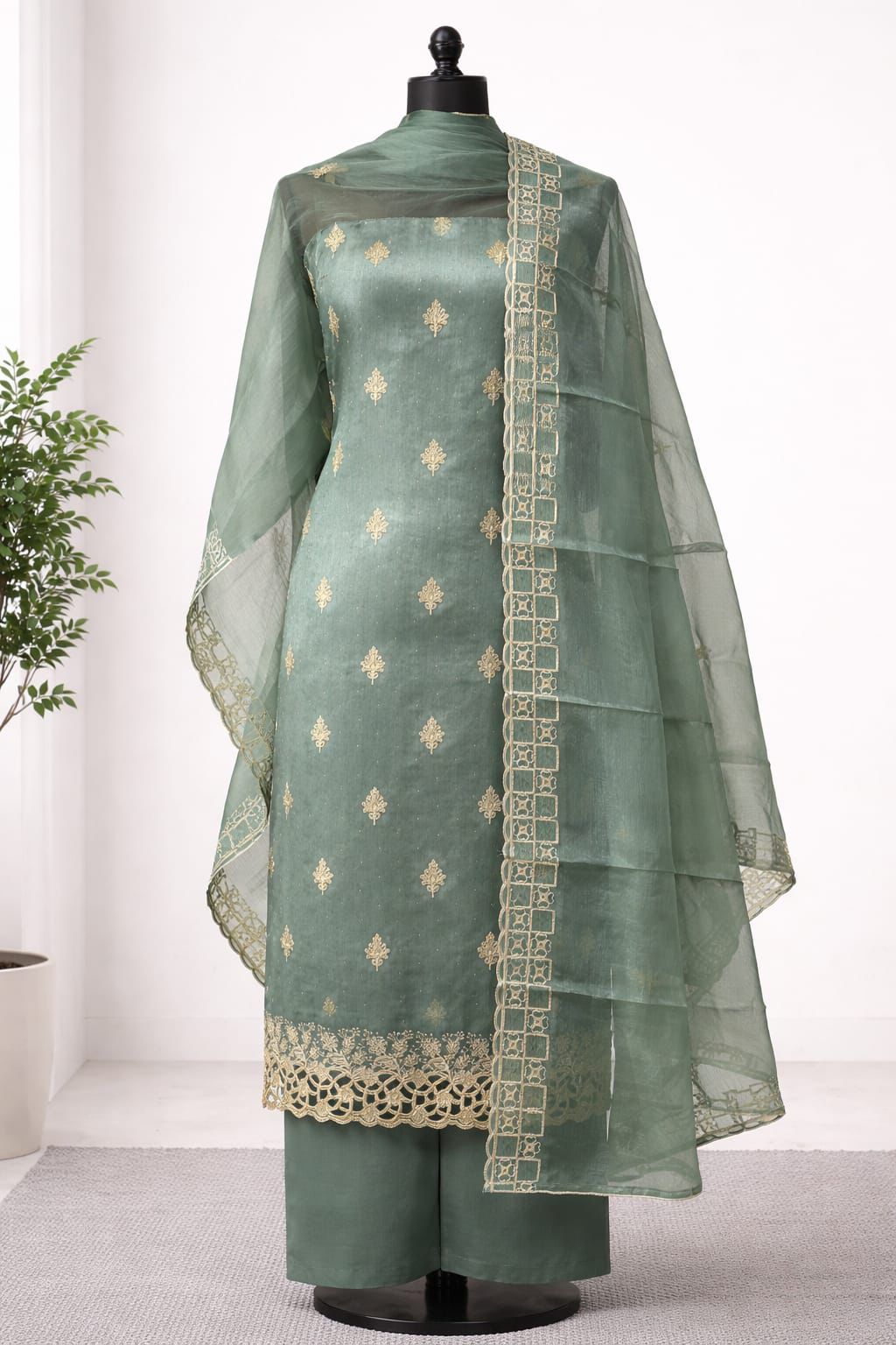 Elegant Green Embroidered Suit Set