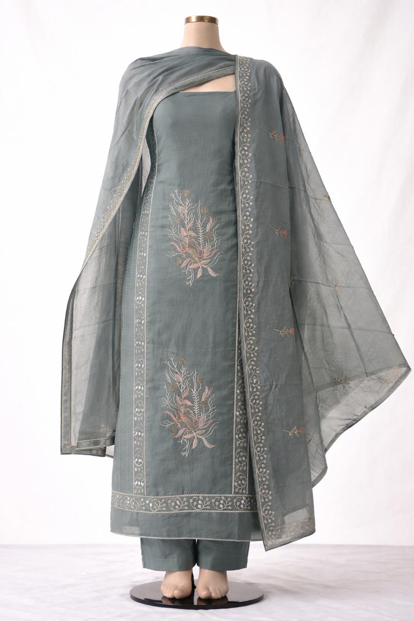 Elegant Grey Chanderi Suit Set