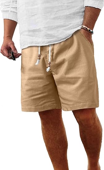 Comdecevis Men's Linen Shorts Casual Elastic Waist Drawstring Summer Beach Vacation Yoga Golf Shorts with Pockets