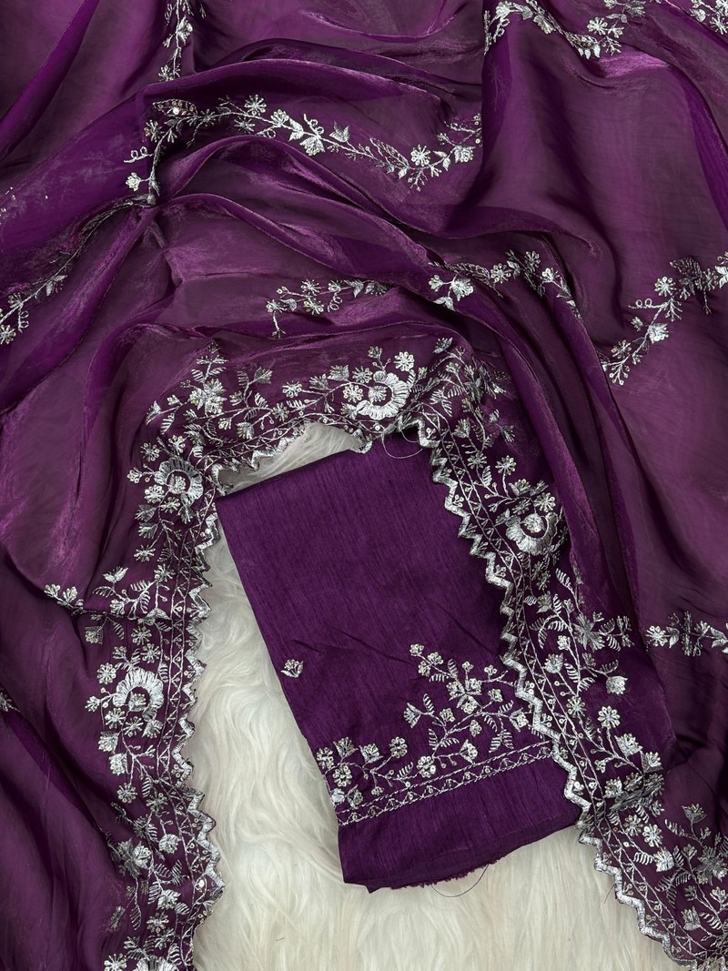 Purple Embroidered Chiffon Dupatta Set