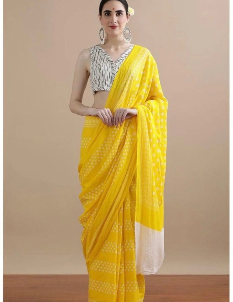 Yellow Printed Cotton Saree