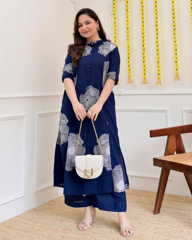 Navy Blue Printed Kurta Set