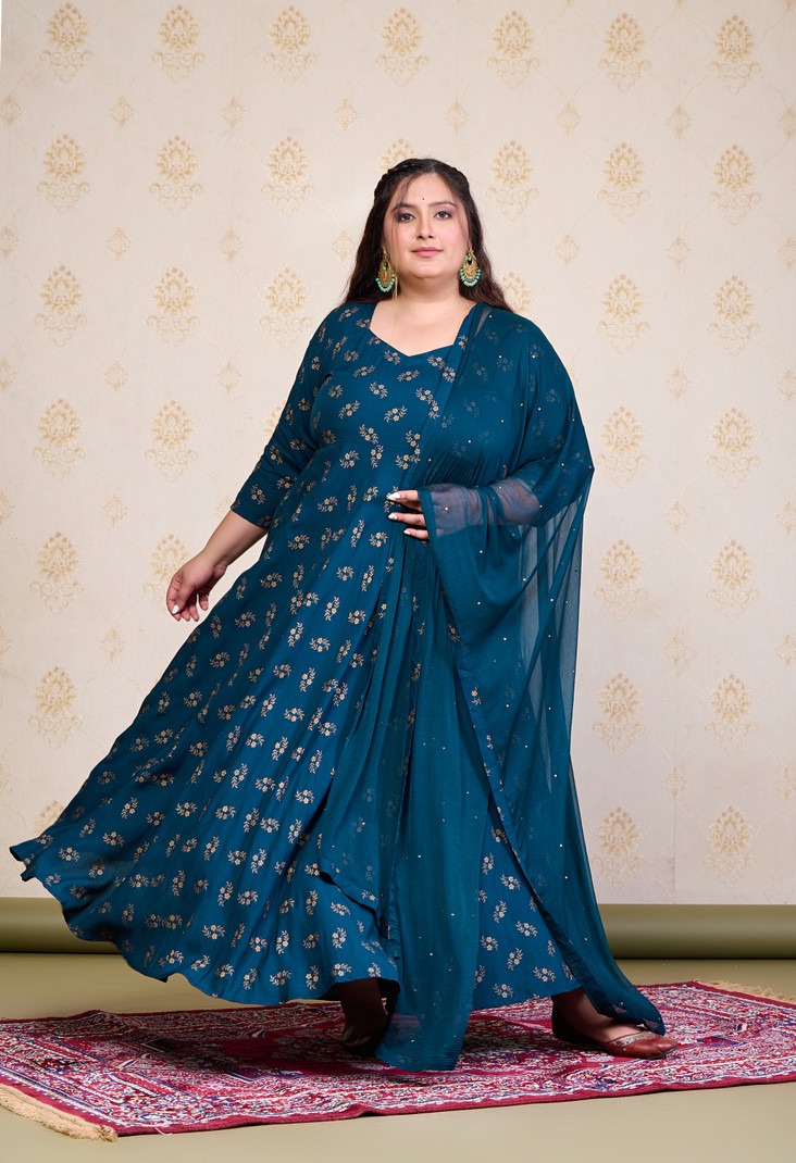 Teal Printed Anarkali Suit