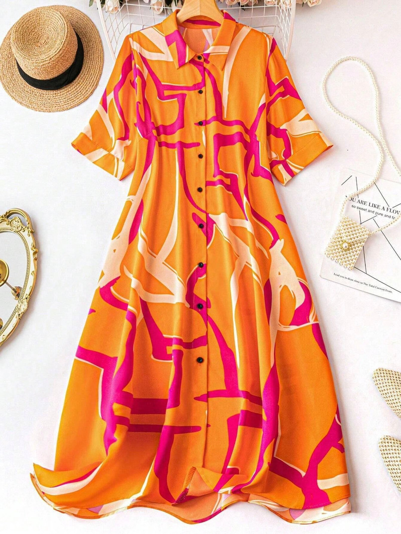 Orange Abstract Shirt Dress