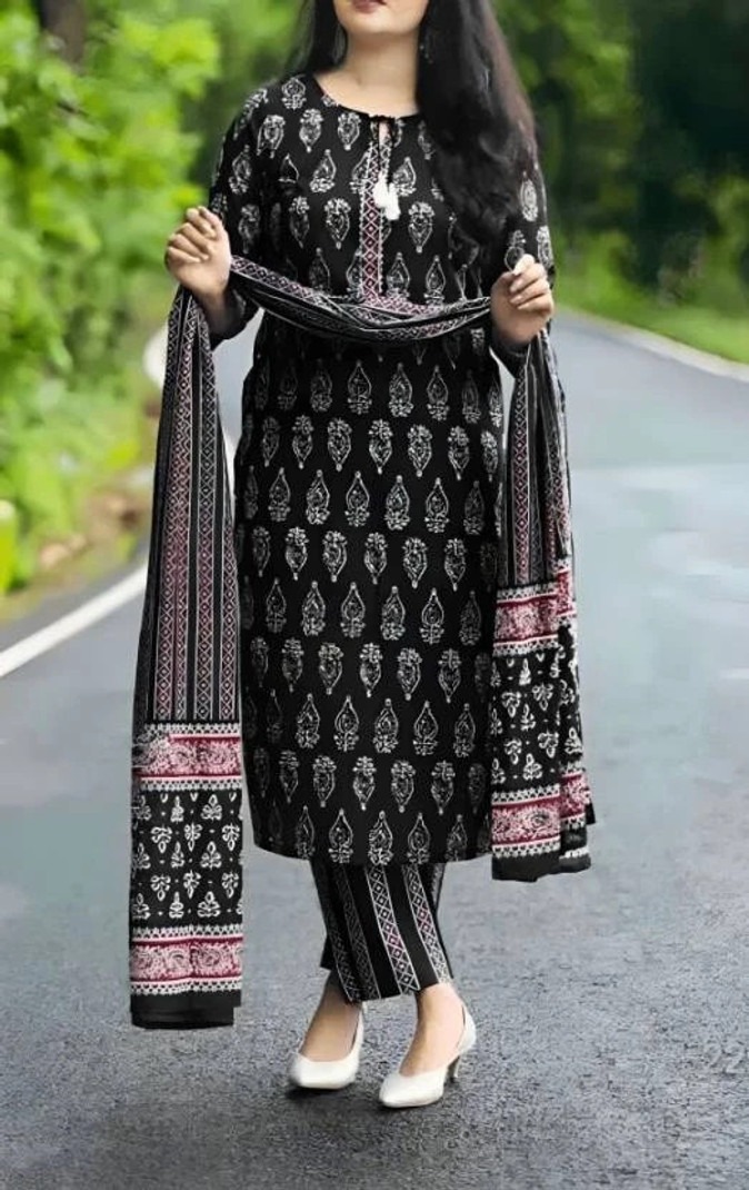 Black Printed Cotton Suit Set